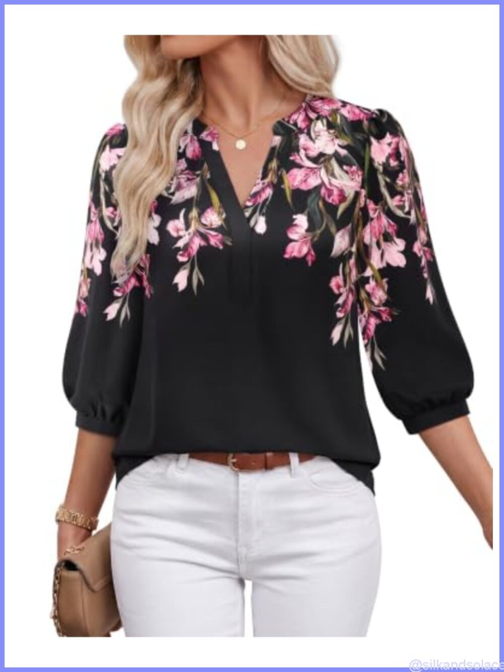 Womens Floral Chiffon Blouse 3/4 Puff Sleeve V Neck Dressy Work Top